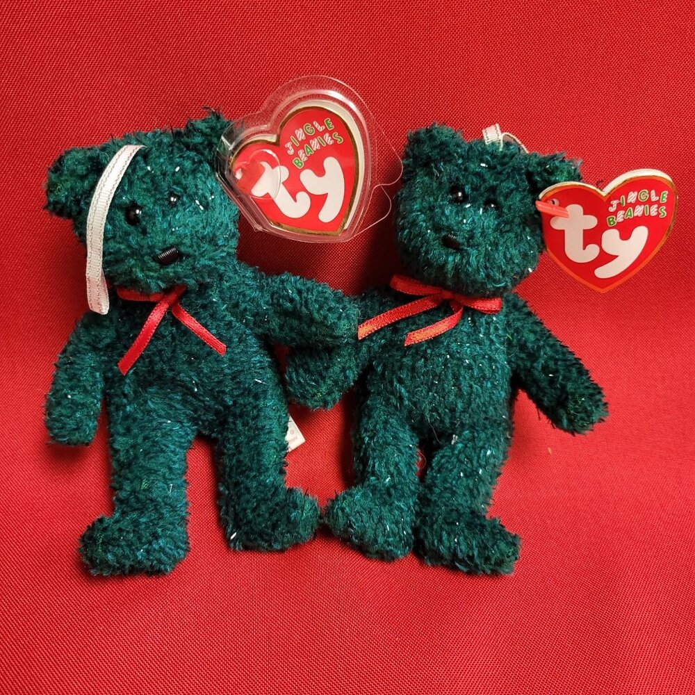 Holiday Green Teddy Ty Jingle Beanies Set of 2 Plush Christmas Ornaments 2004